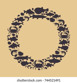 Seafood set with silhouette crab, fish, mussel, shrimp in circle. Design for restaurant menu, market. Marine creatures in flat style - vector illustration