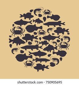 Seafood set with silhouette crab, fish, mussel, shrimp in circle. Design for restaurant menu, market. Marine creatures in flat style - vector illustration