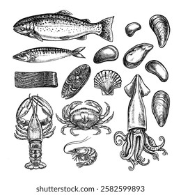 Seafood set, trout, mackerel and squid, crayfish, crabs and shrimps, mussels and marine elements. Vector graphic illustrations made by hand. Black and white images in the form of clip-arts. Isolates.