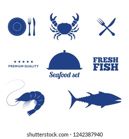 Seafood set, vector illustration, flat silhouette, isolated elements, crab, shrimp, tuna, fish
