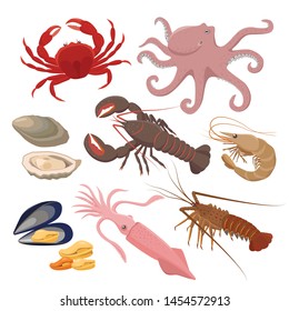 Seafood set of vector illustrations in flat design isolated on white background. Vector icons mussel, shrimp, squid, octopus, lobster, crab, mollusk, oyster -fresh sea food.