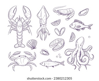 Seafood. set of vector sketch line illustrations, crab, lobster, shrimp, fish
Black outline on transparent backround