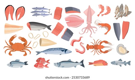 Seafood set. Water life fishes oyster for restaurant shellfish marine products recent vector seafood pictures top view