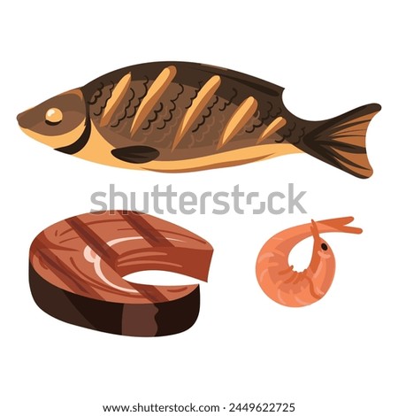 Seafood set whole fish, red fish steak and grilled shrimp. Juicy sea fish cut into strips, cooked. A ready-made dish for a restaurant, a menu for a cafe, to copy on a white background