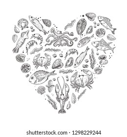 Seafood in the shape of a heart. Hand drawn vector illustration. Lobster, fishes, squid, laminaria, oysters, mussels, crabs. Can be used for menu, marine cafe, shop, barbeque, restaurant, bar