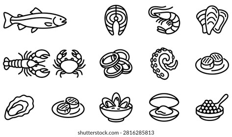 Seafood and shellfish food line icon collection with shellfish, crustacean