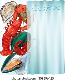 Seafood shellfish menu on a sea background. vector illustration