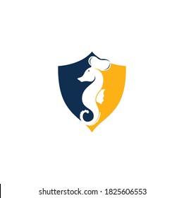 Concepto de forma de escudo de marisco. Logo. Ilustración del símbolo de la Cuchilla y la Cuchara del Chef del Hipódromo. Plantilla de diseño del logotipo del chef y del caballito de mar