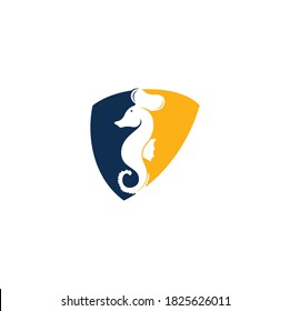 Seafood shield shape concept Logo. Seahorse Chef Knife Fork and Spoon Symbol Illustration. Chef and seahorse logo design template
