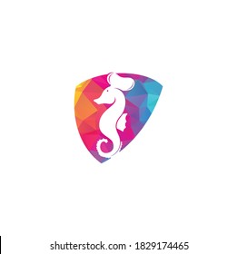 Seafood shield shape concept Logo. Seahorse Chef Knife Fork and Spoon Symbol Illustration. Chef and seahorse logo design template