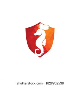 Seafood shield shape concept Logo. Seahorse Chef Knife Fork and Spoon Symbol Illustration. Chef and seahorse logo design template