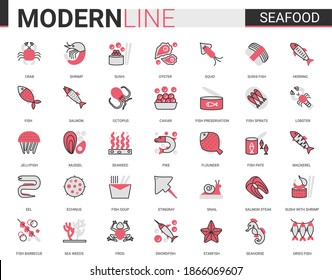 Seafood for shop cafe restaurant flat line icon vector illustration set. Outline food menu mobile app symbols collection of fish caviar, fresh salmon steak for cooking, crab octopus oyster