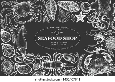 Seafood shop hand drawn vector banner template. Retro style illustration on chalk board