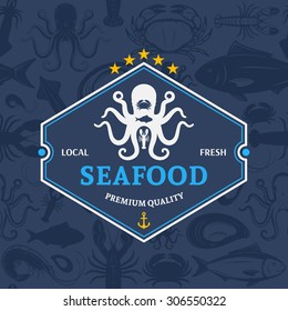 Seafood shop logo and seamless pattern
