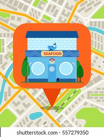 Seafood shop pin on the city map. Navigation system for smartphone vector illustration.