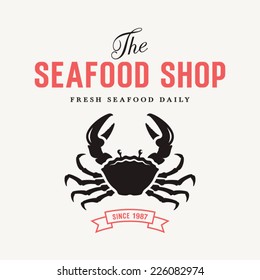 Seafood shop sign with silhouette of crab, vector illustration for design label