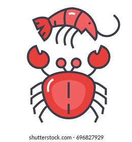 Seafood, shrimp, crab concept. Line vector icon. Editable stroke. Flat linear illustration isolated on white background