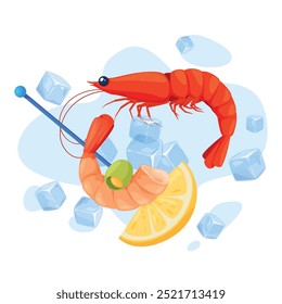 Seafood shrimp with lemon and olive on stick tasty snacks ice cubes isometric vector illustration. Gourmet protein meal with prawn crustacean and spicy vegetable delicious cuisine fresh healthy food