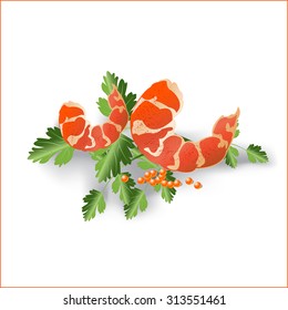 Seafood of a shrimp. Tasty healthy food. Vector illustration.