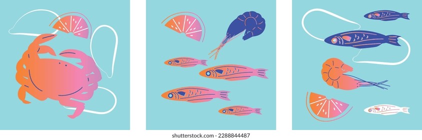 Seafood, shrimp vector illustration. Shrimp, lobster, fish cartoon style. Isolated elements. Drawings for poster, card or background. Cartoon flat Seafood illustration.