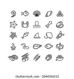 Seafood Sign Black Thin Line Icon Set Include of Crab and Octopus. Vector illustration of Sea Food Icons