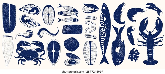 Seafood silhouette. Fish icons different species, monochrome logo octopus squid shrimp crab lobster oyster mussels ocean products for seafood menu. Vector collection.