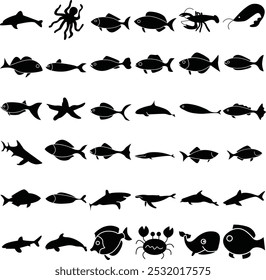 Seafood silhouette vector icon illustration set. Contains fish, sea animal, lobster, octopus, crab, etc.