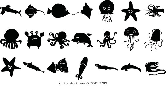 Conjunto de ilustración de icono de Vector de silueta de mariscos. Contiene peces, animales marinos, langosta, pulpo, cangrejo, etc.