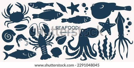Seafood silhouettes flat icons set. Marine animal shapes. Underwater world. Biodiversity. Abstract shapes of shell, mollusk, mussels, octopus, squid, crab, starfish. Color isolated illustrations Foto stock © 