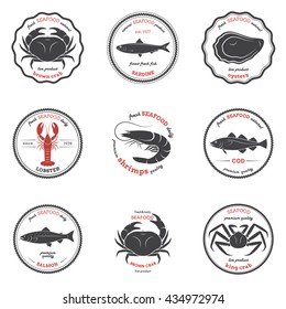 Seafood silhouettes, labels, emblems. Set of templates for stores, markets, food packaging. Vector illustration.