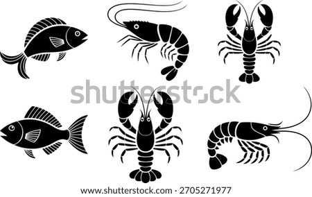 Seafood silhouettes vector set: fish, lobster, shrimp, prawn icons
