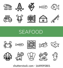 seafood simple icons set. Contains such icons as Fishing baits, Fast food, Shellfish, Lobster, Fish and chips, Sushi roll, Fishbone, Dog food, can be used for web, mobile and logo