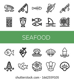 seafood simple icons set. Contains such icons as Fishing baits, Dried fish, Fishing rod, Cod, Fishbone, Sardines, Marlin, Shark, Sushi roll, can be used for web, mobile and logo