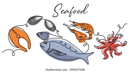 Seafood simple vector illustration, background, banner, poster. Signboard, store or shop sign design. One continuous line art drawing of seafood.