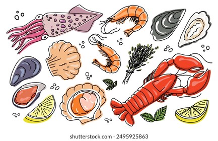 Seafood sketch. Hand drawn food. Delicious seafood. Sea cuisine. Fresh raw market vector set