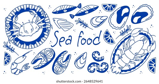 Esboço de frutos do mar. Culinária mediterrânea. Peixe, polvo, salmão, caranguejo.