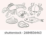 Seafood sketch on an isolated background. Hand drawn doodle set with crab, lobster, shrimp, mussel, oyster, crawfish, sea fishing, fish. Vector food illustration. Design for label, card, banner