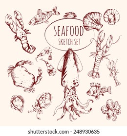 Seafood sketch set with lobster salmon shrimp tuna fish isolated vector illustration