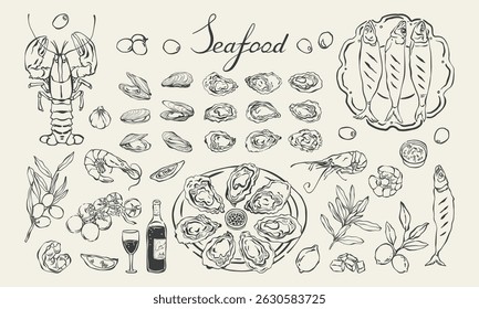 Marisco mão desenhado elementos e pratos conjunto. Mediterrâneo italiano frutos do mar vintage ilustração vetor. Ostras de arte em linha, camarão, mexilhões, peixe, azeitonas e vinho para menu, convite, cartaz, cartão. 