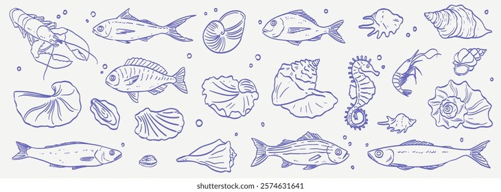 Seafood sketch. Vintage fish food drawing for restaurant menu or kitchen poster or placard. Shrimp, seashell, squid in doodle sketch style. Sea grilled cuisine for coastal wedding beach party design.