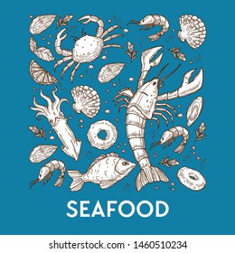 Seafood sketches fish crab and lobster prawn or shrimp vector squid and salmon oysters and mollusks lemon slices and greenery restaurant or cafe menu dishes and meals of underwater sea animals
