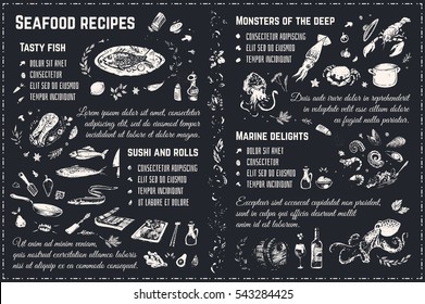 Seafood sketches. isolated vector chalk on blackboard. design 4 restaurant menu, cookbooks & wrapping paper. Doodle icons - fish, sushi, steak, lobster