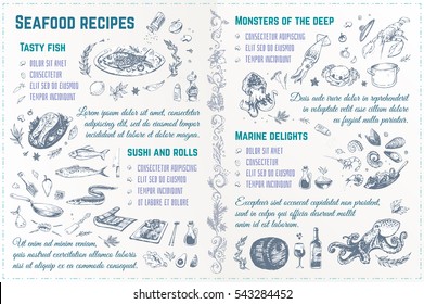 Seafood sketches. isolated vector vintage. 4 design restaurant menu, cookbooks & wrapping paper. Doodle icons - fish, sushi, steak, octopus, wine, lobster