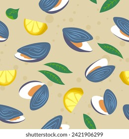 Seafood with slice of lemon and leaves. Sea or oceans meal. Oysters and mussels with minerals and nutrients, vitamins and proteins. Seamless patten, background print or wallpaper. Vector in flat style
