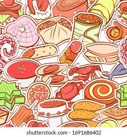 Seafood and Snacks pattern. Background for printing, design, web. Seamless. Colored.