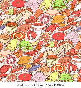 Seafood and Snacks pattern. Background for printing, design, web. Seamless. Colored.