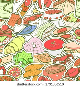 Seafood and Snacks pattern. Background for printing, design, web. Seamless. Colored.