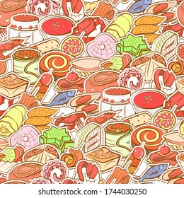 Seafood and Snacks pattern. Background for printing, design, web. Seamless. Colored.