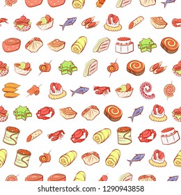 Seafood and Snacks set. Background for printing, design, web. Usable as icons. Seamless. Colored.