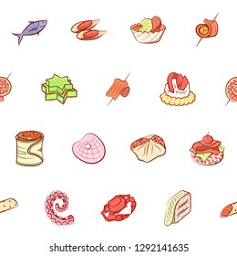 Seafood and Snacks set. Background for printing, design, web. Usable as icons. Seamless. Colored.
